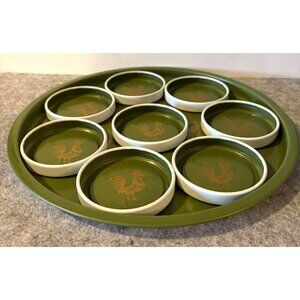 Vintage Metal Tray  11" with8 Metal Coasters 1970's Toleware with pictures of Ro
